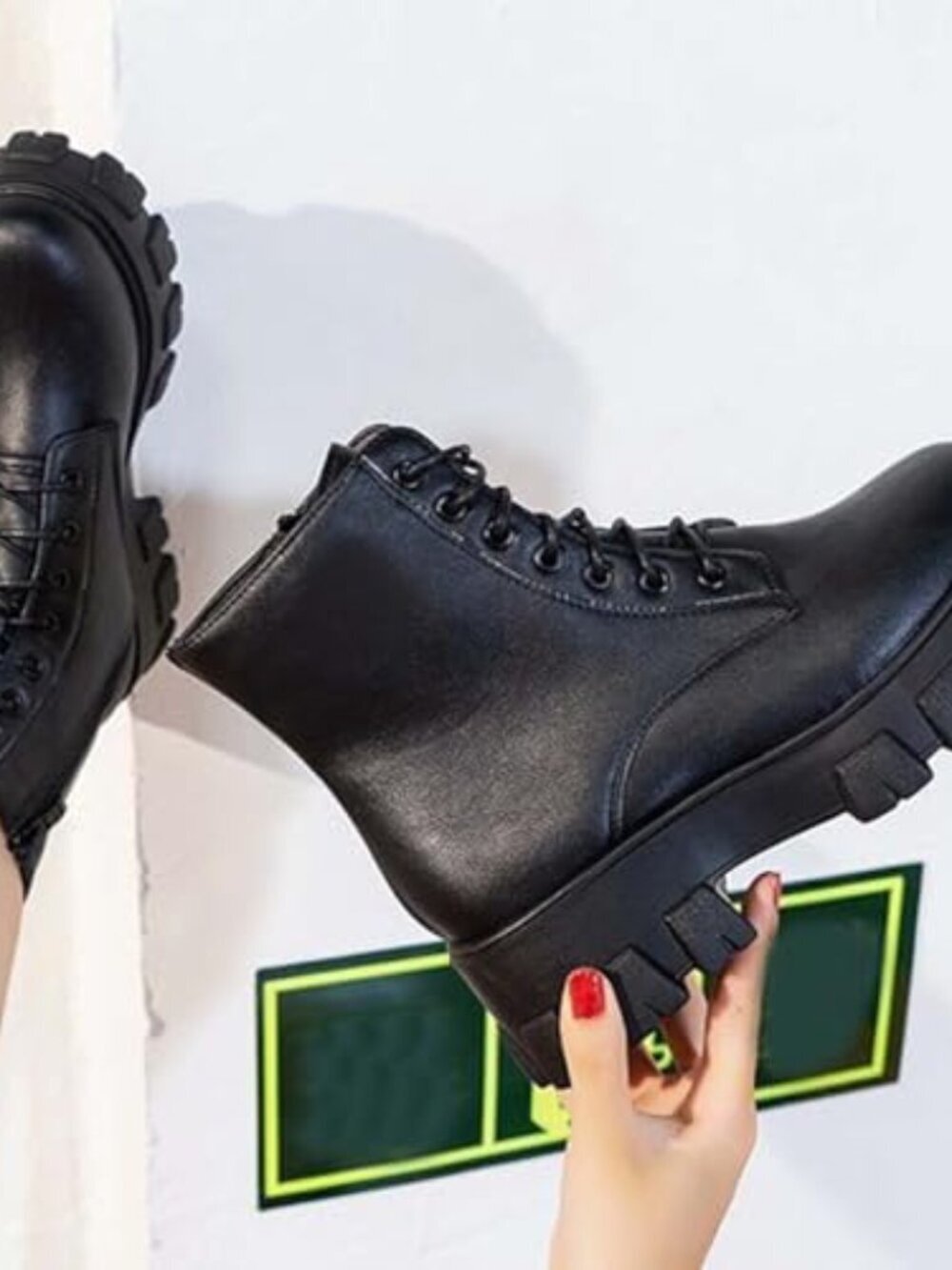 🆕 Women Lace Up Mid Calf Booties, Lug Sole Chunky Heel Combat Booties Fashion
